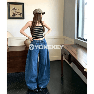 Zenanlar üçin vintage nagyşly giň kesimli gök denim jalbar