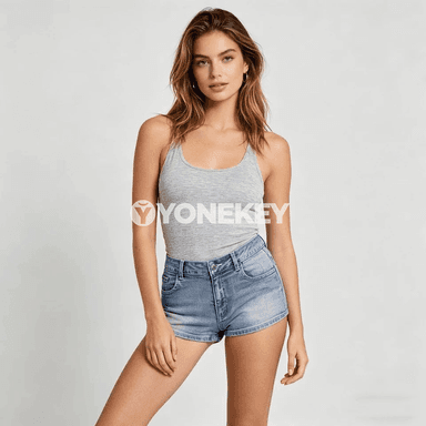 Zenanlar üçin beýikli denim şortik, bezegli daşly, tomusky stil