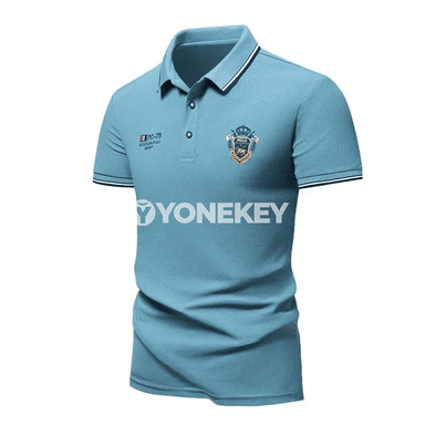 Erkekler üçin ýeňil ýeňli nagyşly polo futbolka, tomsuň üçin