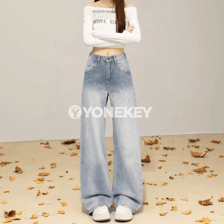 Aýal-gyzlar üçin beýik belli giň balakly jeans, rahat retro stil