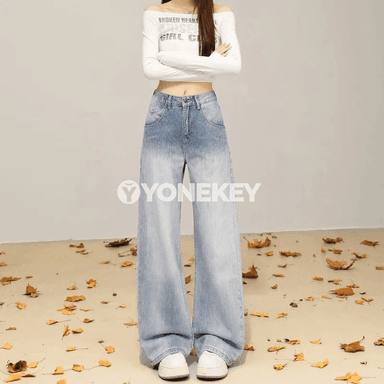 Aýal-gyzlar üçin beýik belli giň balakly jeans, rahat retro stil
