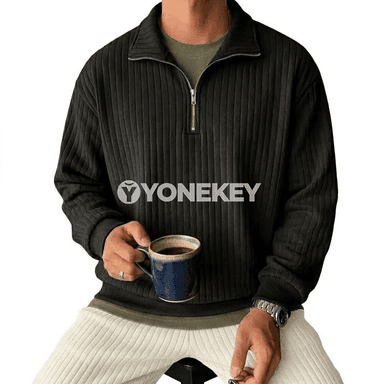 Erkekler üçin zolakly fermuarly polo ýaka sweatshirt