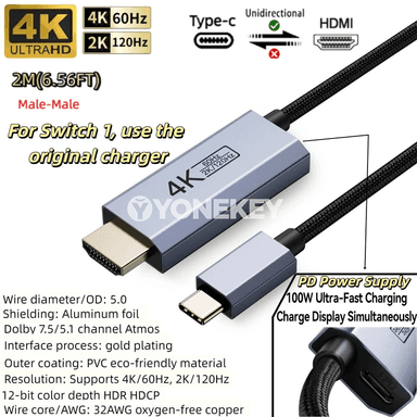 Type-C to HDMI kabel, 4K@60Hz, 2K@120Hz, PD 100W zarýadly
