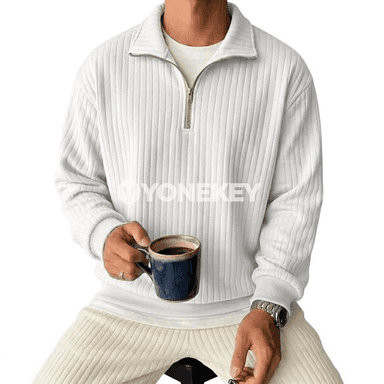 Erkekler üçin zolakly fermuarly polo ýaka sweatshirt