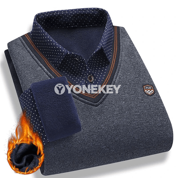 Erkekler üçin ýyly fleece pulower, ýalan iki bölek köýnek görnüşli