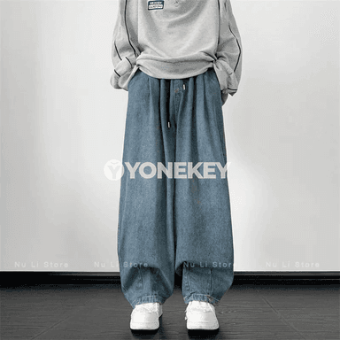 Erkek giň paçaly jeans, retro stil, beýik belli, ýyly möwsüm üçin