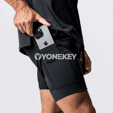 Erkekler üçin iki gatly sport şorty, dem alýan, çalt guradýan