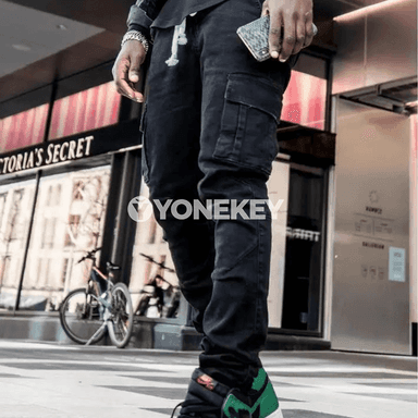 Erkekler üçin elastik slim fit cargo jeans, köp jübülü gündelik jalbar