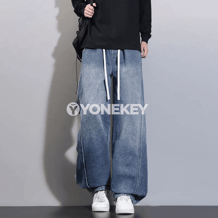 Erkekler üçin giň gönü denim jalbar, möwsümleýin rahat model