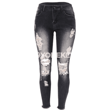Zenanlar üçin dar kesimli, ýokary elastik, ýyrtyk denim jeans
