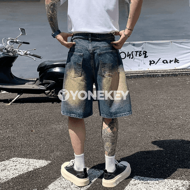 Erkekler üçin giň kesimli denim şortikler, ýaz-ýaz tomuslaýyn gündelik stil