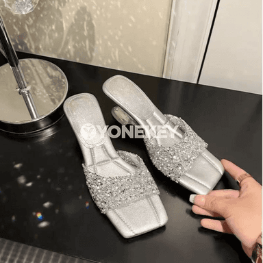 Sequinli ýokary ökjeli açyk burun aýal sandallary, tomus modeli