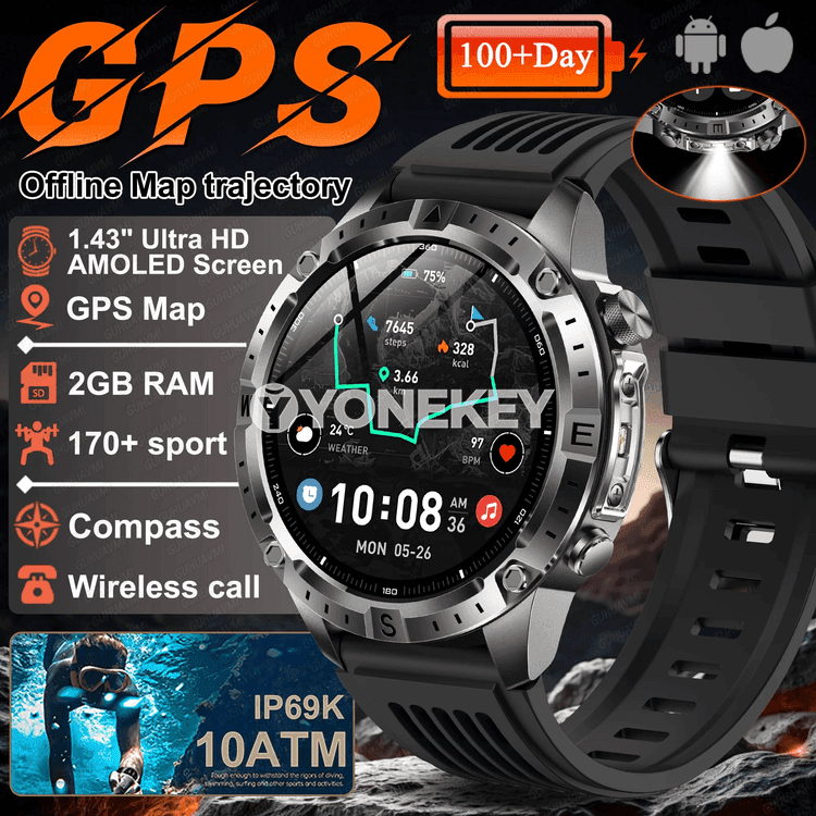 GUHUAVMI GPS oflaýn karta akylly sagat, 10ATM, 2GB, Bluetooth jaňly