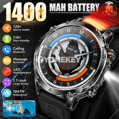 1400mAh güýçli akylly sagat, 10ATM suw geçirmeýän, LED çyra