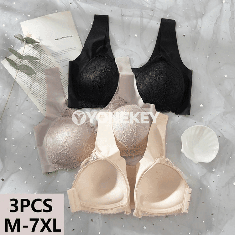 Aýallar üçin öňden açylýan dantelli bra, 3PCS, uly ululyklar üçin rahat