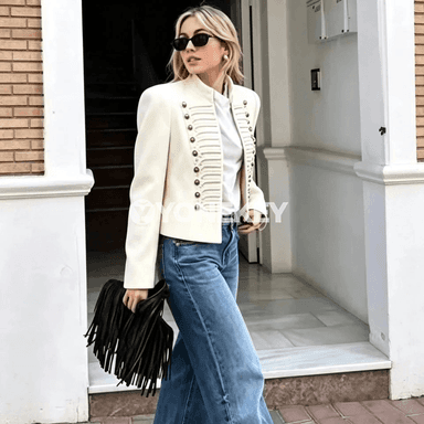 Zenanlar üçin vintage stil ýeňil gysga blazer, ýaz pasly üçin