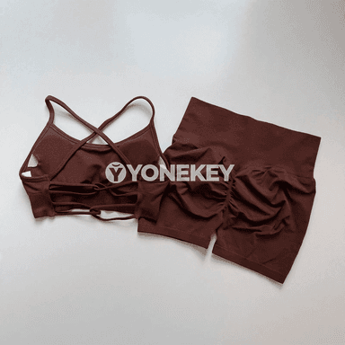Aýallar üçin 2 bölekli tikinsiz ýoga toplumy, sport bra we şortik