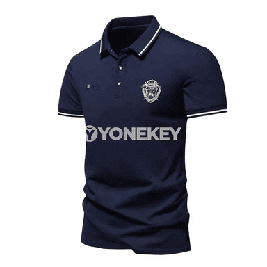 Erkekler üçin ýeňil ýeňli nagyşly polo futbolka, tomsuň üçin