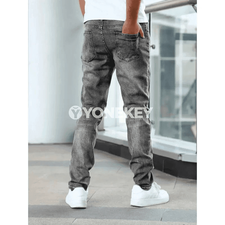 Erkekler üçin vintage täsirli denim jalabar, tämiz we giň kesim