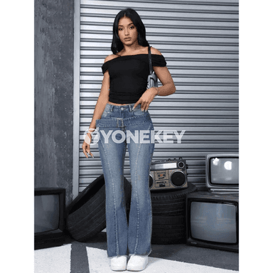 Zenanlar üçin retro giňýän denim jalbar, gündelik giň paça jeans