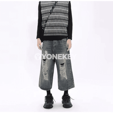 Erkekler üçin giň balakly, ýyrtyk görnüşli denim jinsy balak