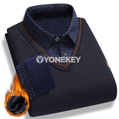 Erkekler üçin ýyly fleece pulower, ýalan iki bölek köýnek görnüşli