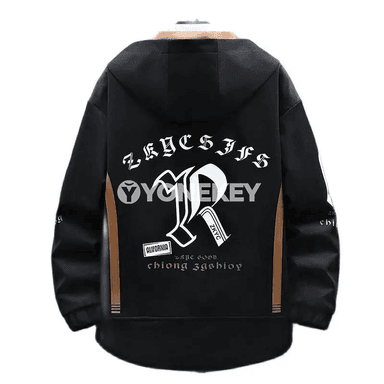 Erkekler üçin kapýuşonly ýeňil jacket — güýz ýaz, nagyşly, ululykly