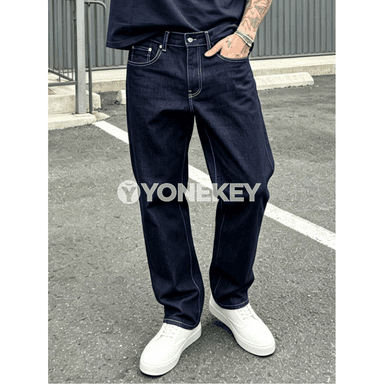Erkekler üçin klassik streçjeans, rahat slim fit, ýokary hilli denim