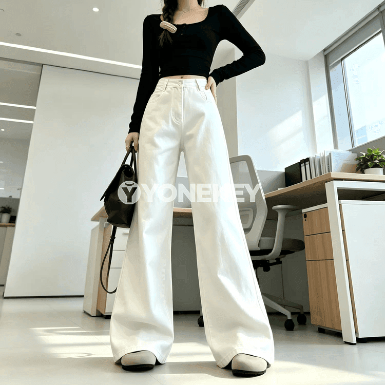 Zenanlar üçin giň biçimli ýokary belli jeans, ýeňil ýaz stili