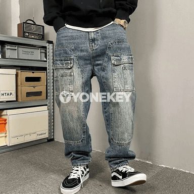 Erkekler üçin giň kelleli retro jeans, göni kesim, şäher stili