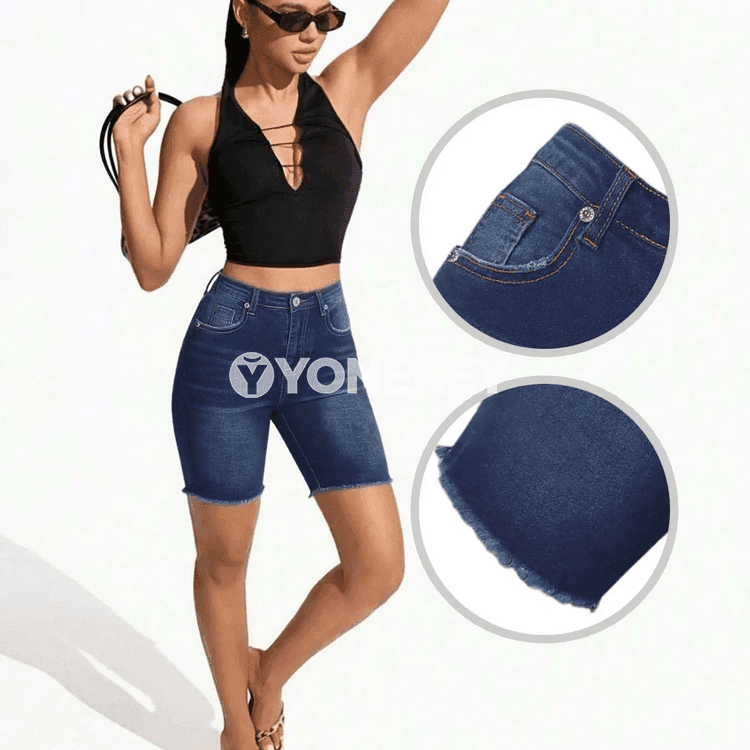 Zenanlar üçin denim şortik, ýokary bil, gündelik we ýeňil rahat stil
