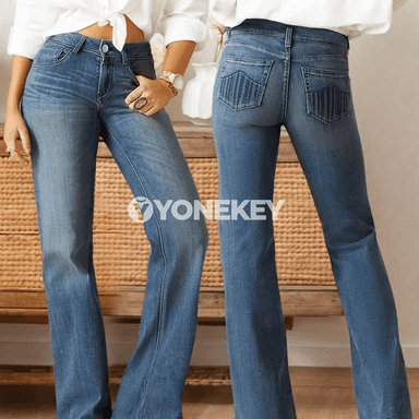 Zenanlar üçin vintage açyk gök slim jeans balaklar, uzyn görnüş, ofis üçin