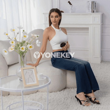Zenanlar üçin giň balažakly ýokary bil jinsi balaklar, gök denim