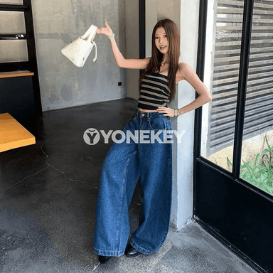 Zenanlar üçin vintage nagyşly giň kesimli gök denim jalbar