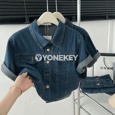 Zenanlar üçin denim köýnek-jaket, ýeňli ýeňil ýaz-tomus modeli
