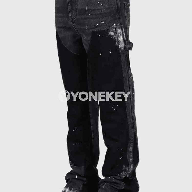 Erkekler üçin denim giň balak, elastik patchwork flared jeans