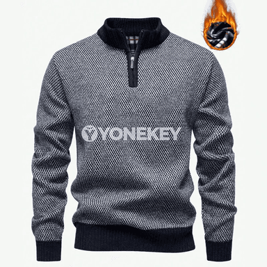 Erkekler üçin polo stilli zip boýun switer, ýyly dokalan model
