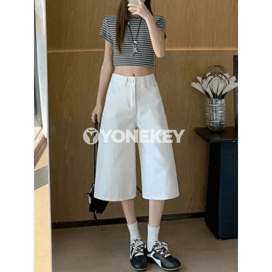 Zenanlar üçin giň balakly ýokary belli jeans, ýeňil gündelik model