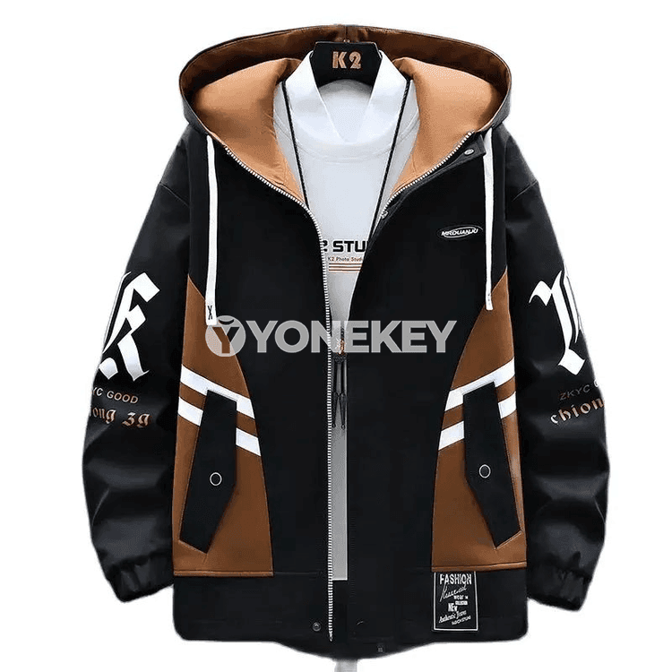 Erkekler üçin kapýuşonly ýeňil jacket — güýz ýaz, nagyşly, ululykly