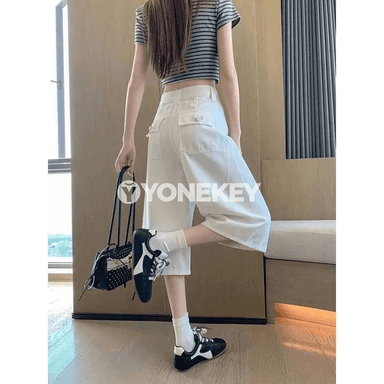 Zenanlar üçin giň balakly ýokary belli jeans, ýeňil gündelik model