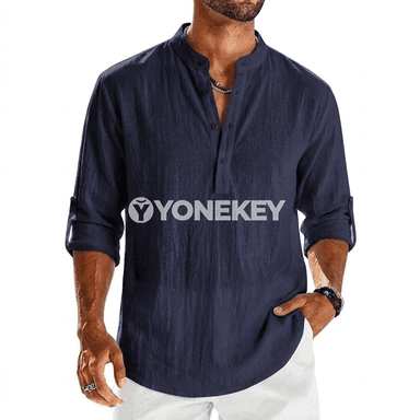 Erkekler üçin ýeňil henley köýnek, pagtaly-kendirli, uzyn ýeňli