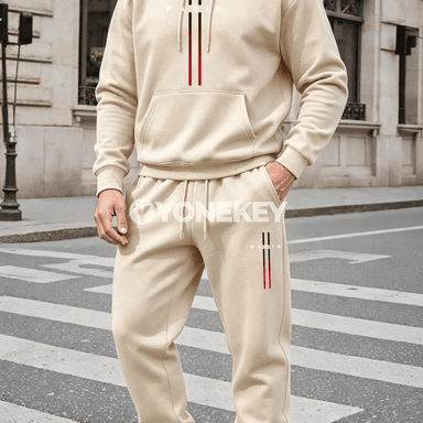 Erkekler üçin ýyly fleece kapýuşonly sport kostýumy, elastik bil
