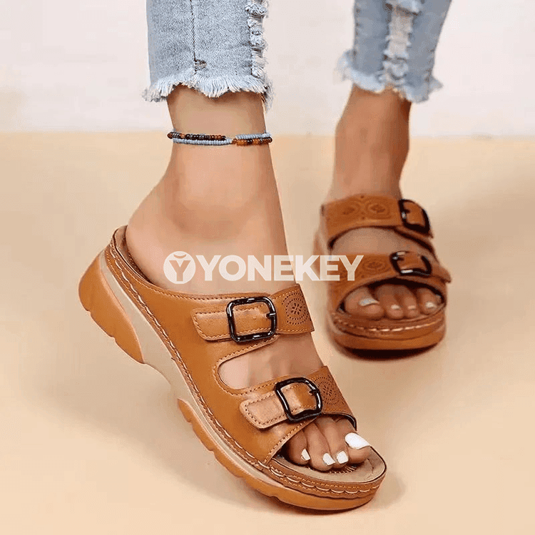 Zenanlar üçin rahat tomus şypbyklary, goşa tokaly platformaly sandal