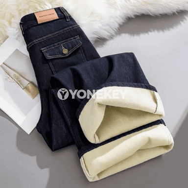 Zenanlar üçin giň balakly ýyly jeans, ýokary bel, gyş möwsümi