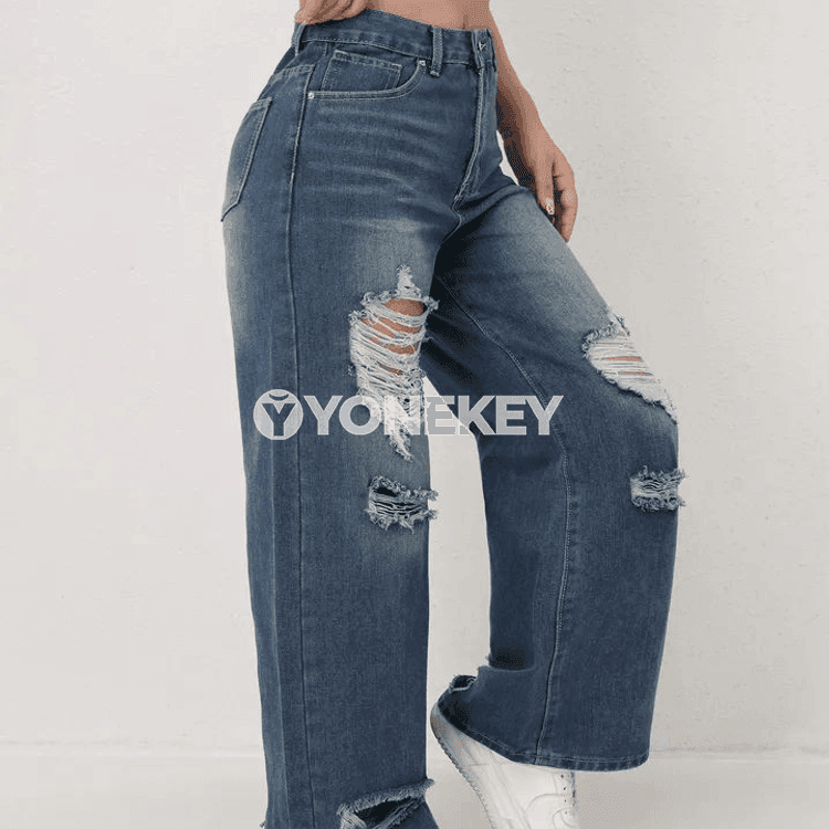 Aýallara ýokary billi giň balakly moda jinsiler, gündelik rahat stil