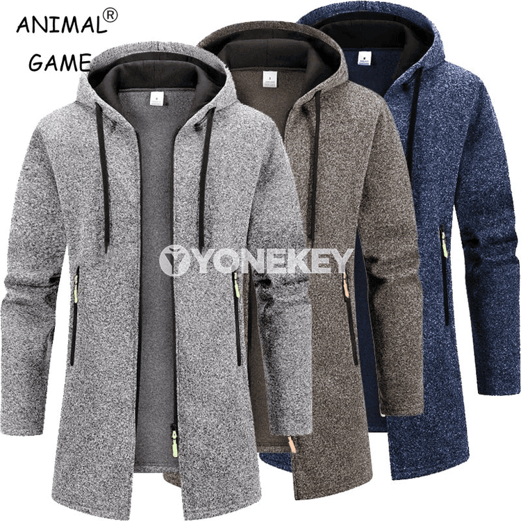 Erkekler üçin ýyly kapýuşonli zipli sport äyin, gyşlyk fleece