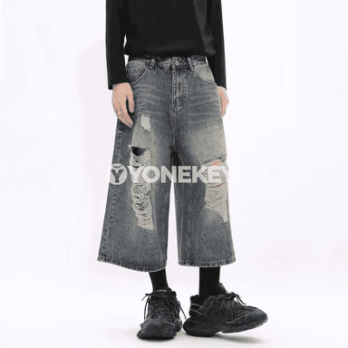 Erkekler üçin giň balakly, ýyrtyk görnüşli denim jinsy balak