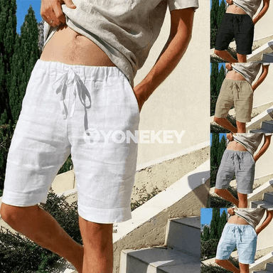 Erkekler üçin ýeňil keten ekin şortik, dem alýan ýazky model