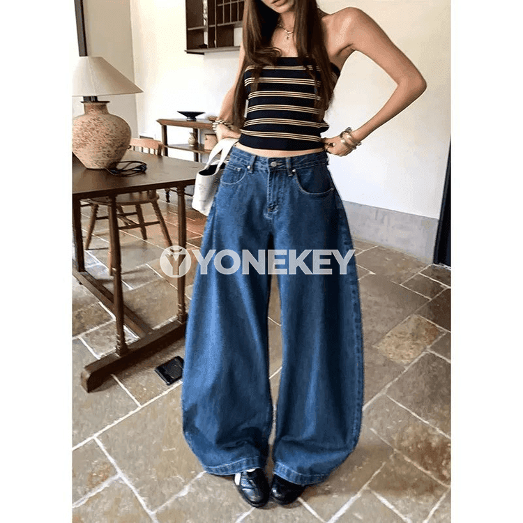 Zenanlar üçin vintage nagyşly giň kesimli gök denim jalbar