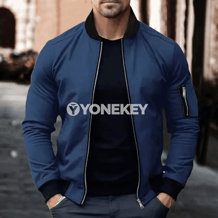 Erkekler üçin güýz bomber jaket, ýelege garşy, fermuarly